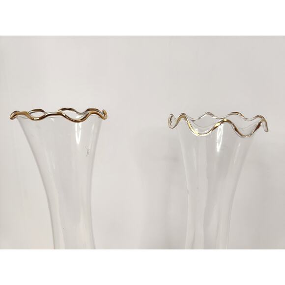 Fenton Glass Bud Vases – 10" Clear Floral Gold Trim – Vintage Pair - Picture 8 of 10